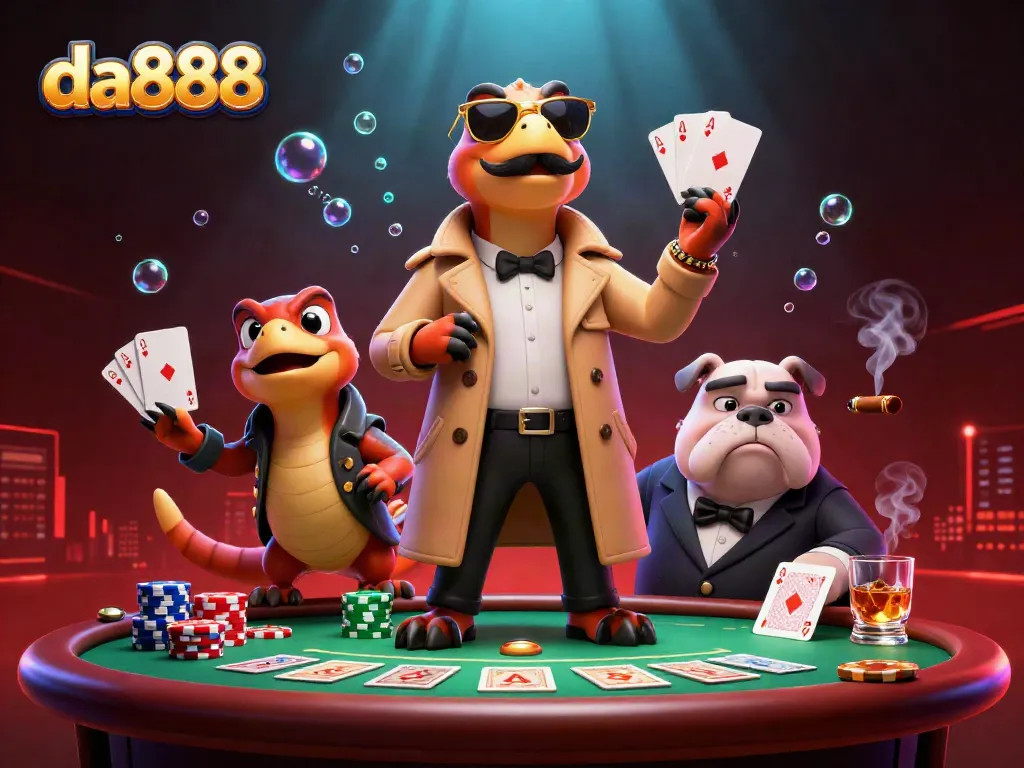 da888 features playful raptors in a trench coat attempting to access a VIP casino lounge