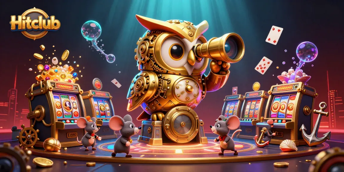Hitclub brings excitement to players with a dynamic illustration of casino action, featuring a golden owl, vibrant slot machines, and treasure elements.