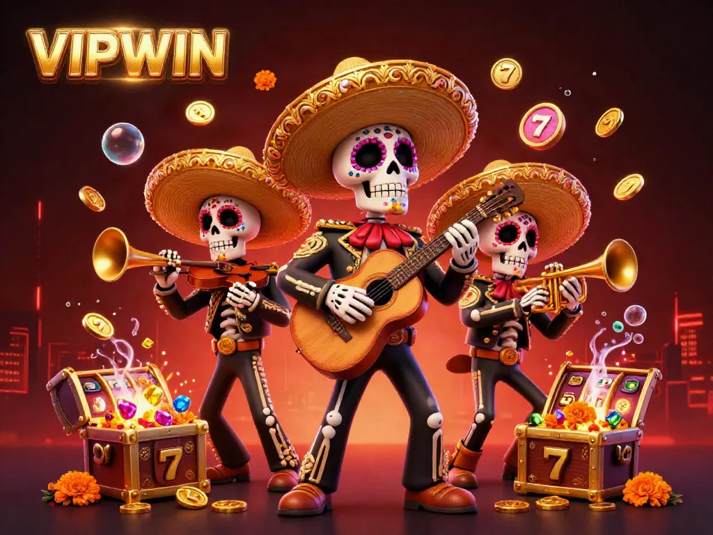 Win big at VIPWIN with an exciting mariachi band illustration showcasing vibrant slots and jackpots.