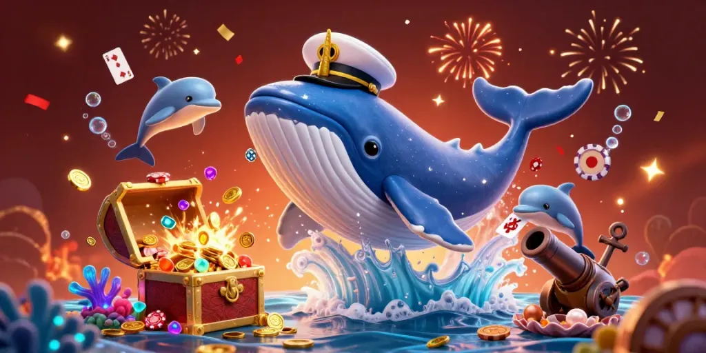 Experience the thrill of 8xbet with a giant whale and playful dolphins amidst a vibrant treasure scene.