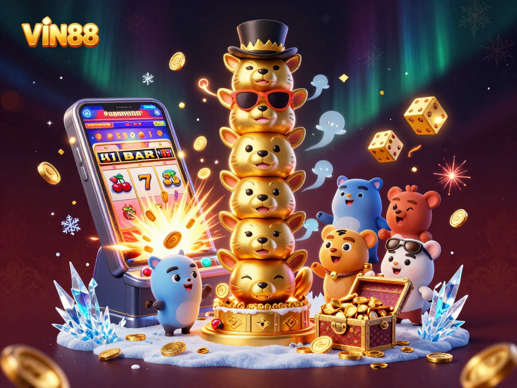 Experience the excitement of winning at VIN88 with dynamic casino elements and 3D characters.