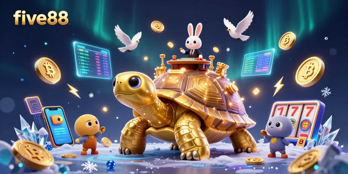 Experience the five88 casino adventure with a golden tortoise and rabbit dealer amidst flying coins.
