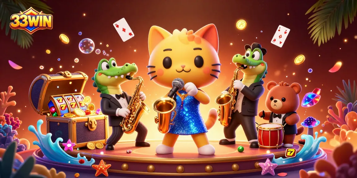 Experience gambling excitement at 33WIN with vibrant casino characters and treasures bursting with fun.