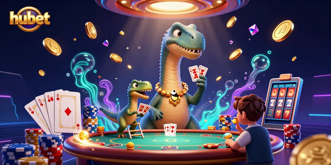 Engage in thrilling hubet gaming with a giant cartoon dinosaur overlooking a lively casino scene.