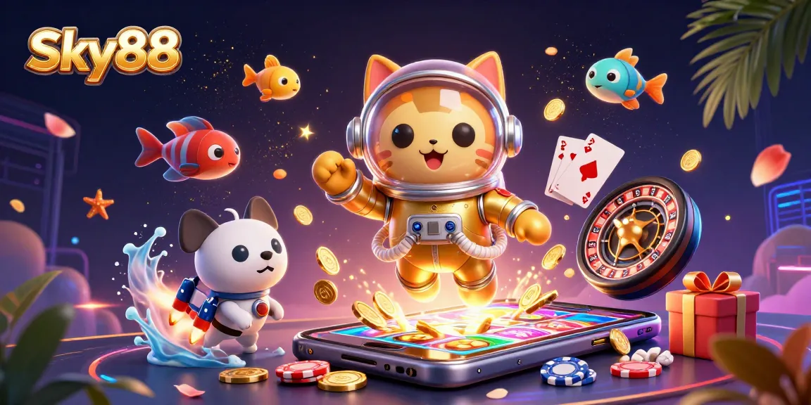 Players enjoy thrilling slots and rewards at Sky88 Casino amidst a vibrant atmosphere.