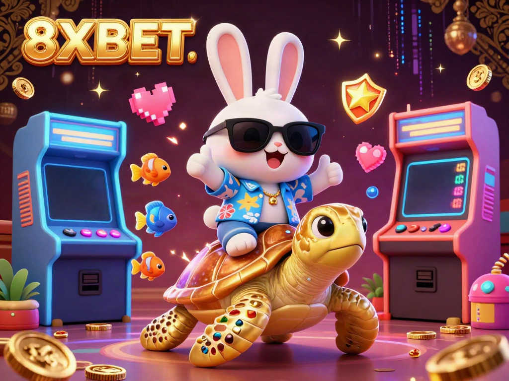 Spin and win at 8XBET while enjoying a fun-filled scene with a lucky rabbit and golden turtle surrounded by vibrant gaming elements.