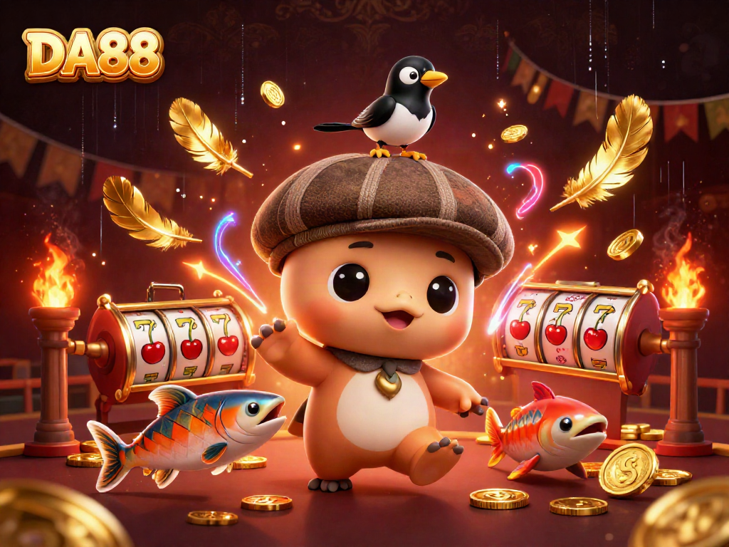 Engage with the vibrant DA88 casino world illustrated in stunning detail featuring cute cartoon characters and slot elements.