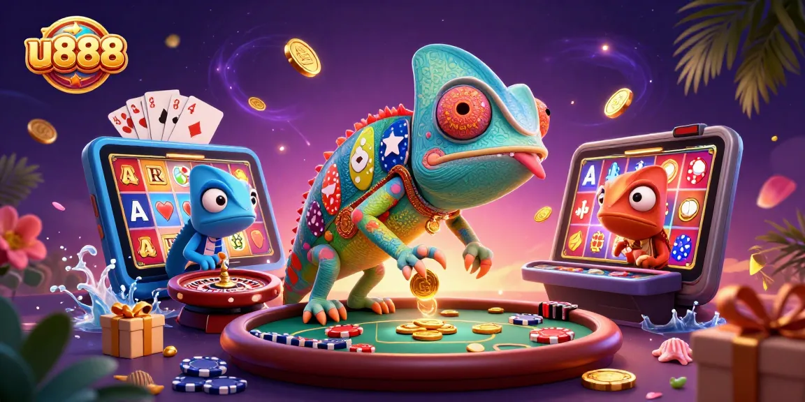 Engage with u888 as a chameleon casino owner collects coins amid vibrant gambling action.