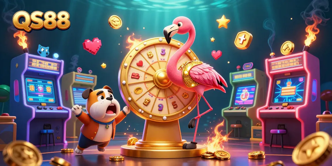 Experience the excitement of QS88 with a vibrant cartoon casino scene featuring a prize wheel and playful characters.