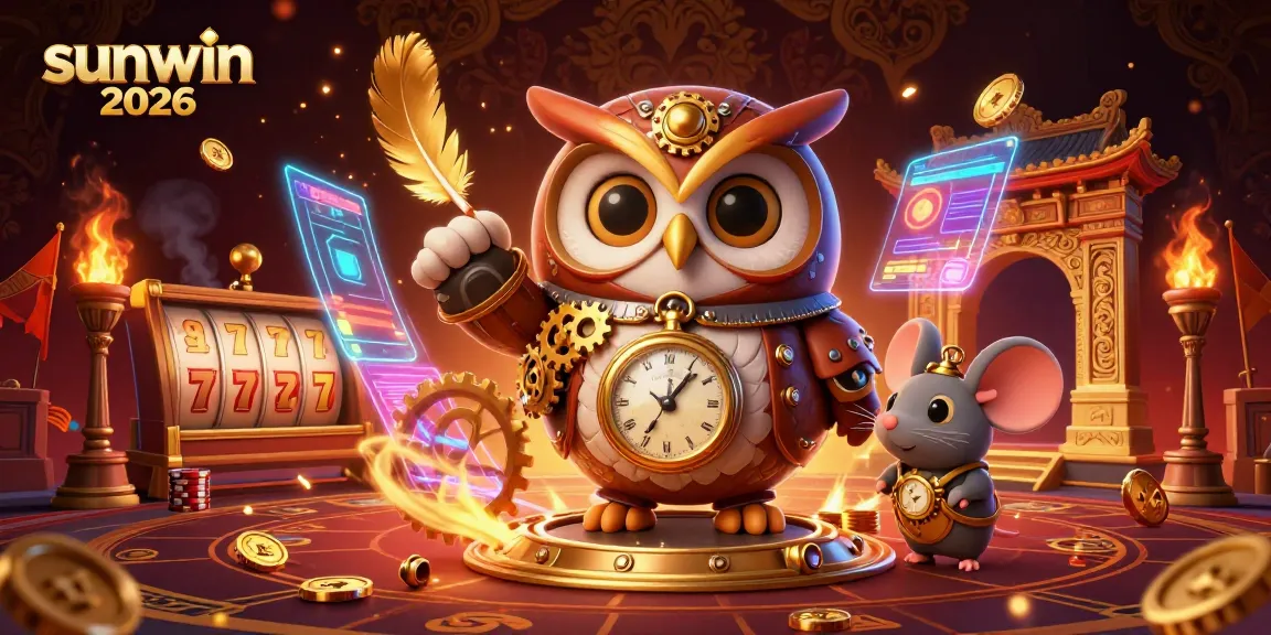 Experience immersive gaming with sunwin 2026, joining a steampunk owl and mouse in an exciting casino atmosphere.