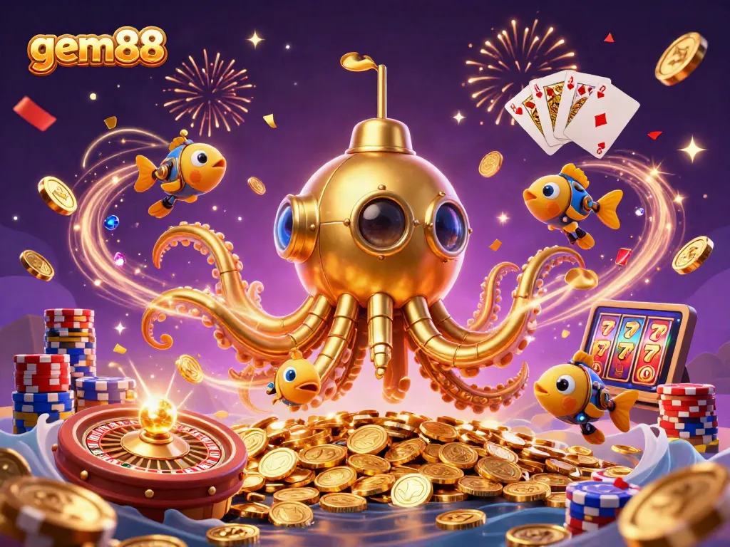Experience top-notch gambling action with gem88 beneath a golden kraken in a vibrant casino world.