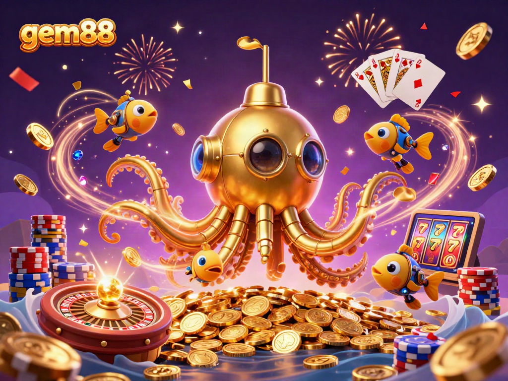 Experience top-notch gambling action with gem88 beneath a golden kraken in a vibrant casino world.