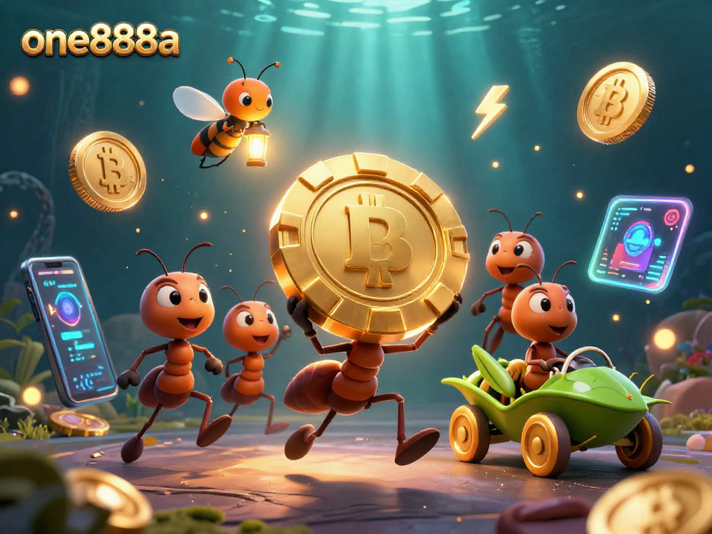 Join the thrilling adventure of one888a with playful ants stealing a giant poker chip.