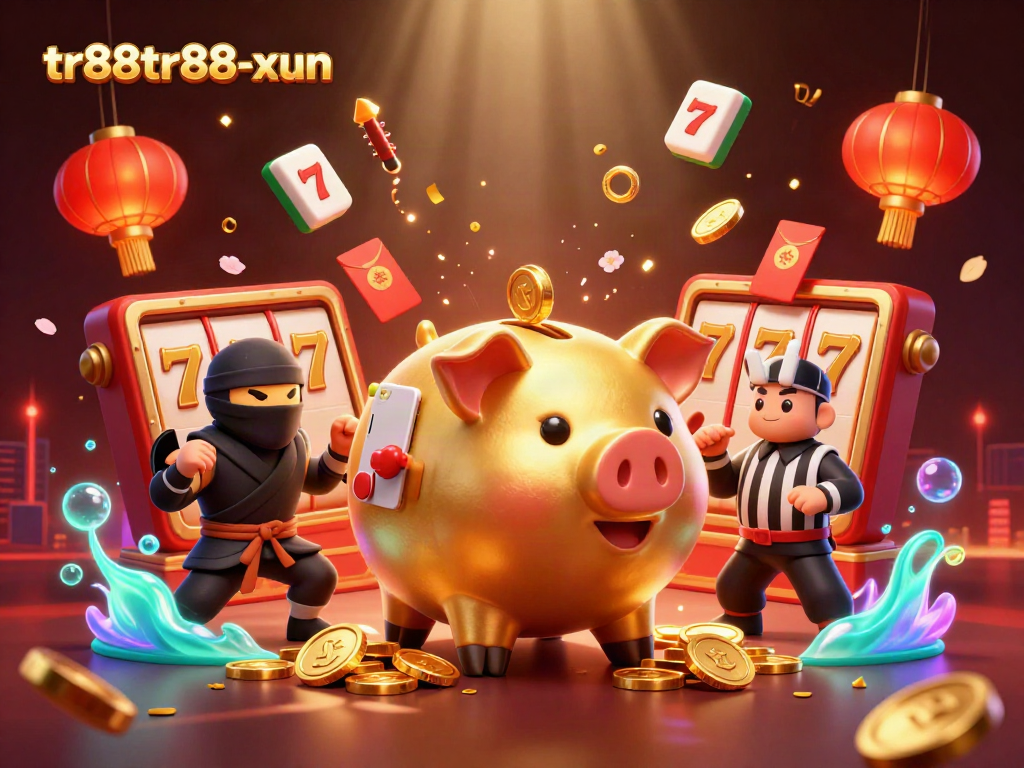 Engage in dynamic casino action showcasing tr88tr88-xun with golden piggy banker sumo wrestler in a packed scene.