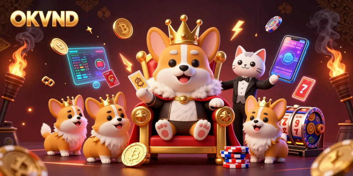 Experience the excitement of OKVND in this vibrant casino scene with corgis and crypto elements.