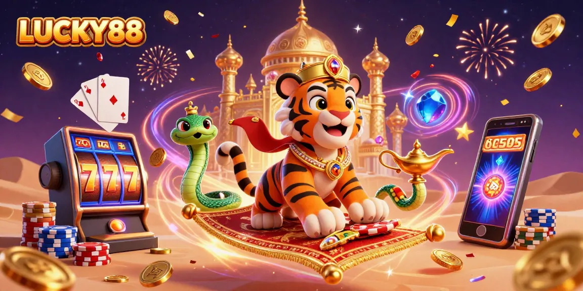 Engage with LUCKY88 in a vibrant casino adventure featuring a sultan, genie, and slot machine excitement.