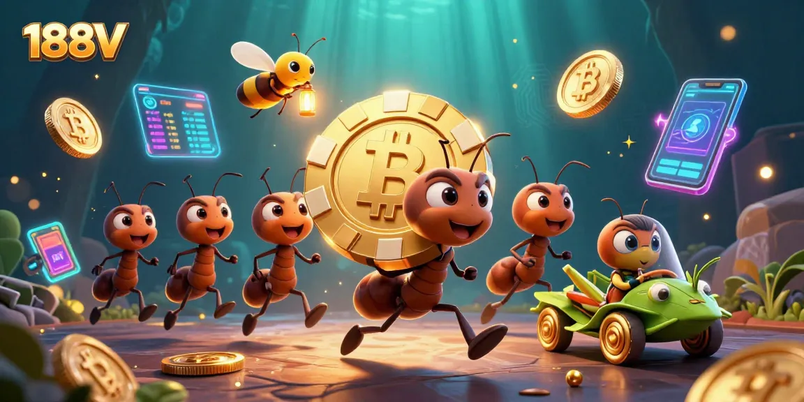 Engage with 188V's thrilling heist scene featuring energetic cartoon characters amidst glowing cryptocurrency elements.