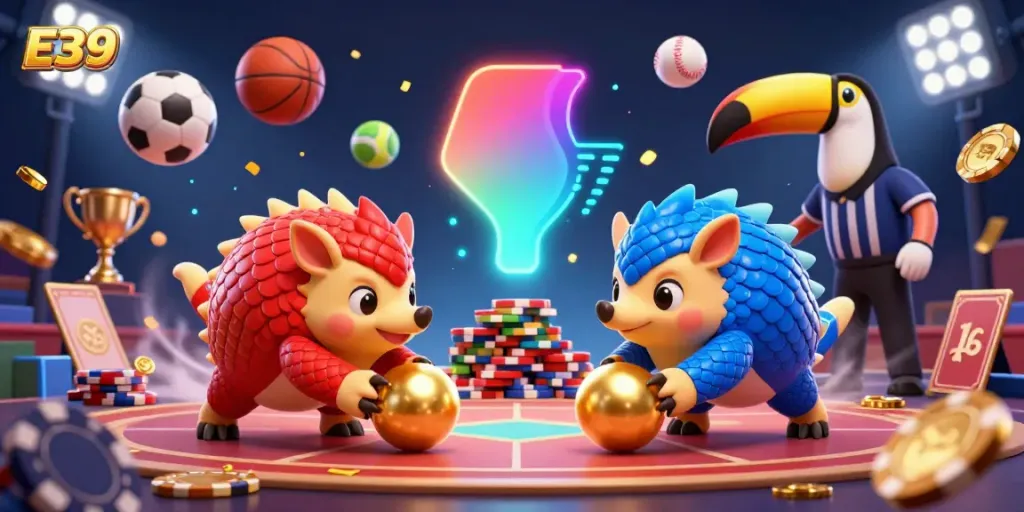 E39 casino scene with rival pangolins rolling golden balls and bowling poker stacks, vibrant sports elements.