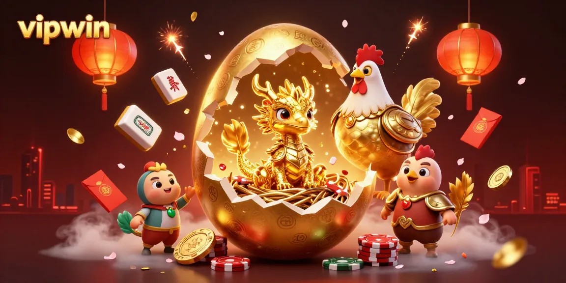 Experience thrilling gameplay at vipwin with a dragon amid poker chips and festive elements.