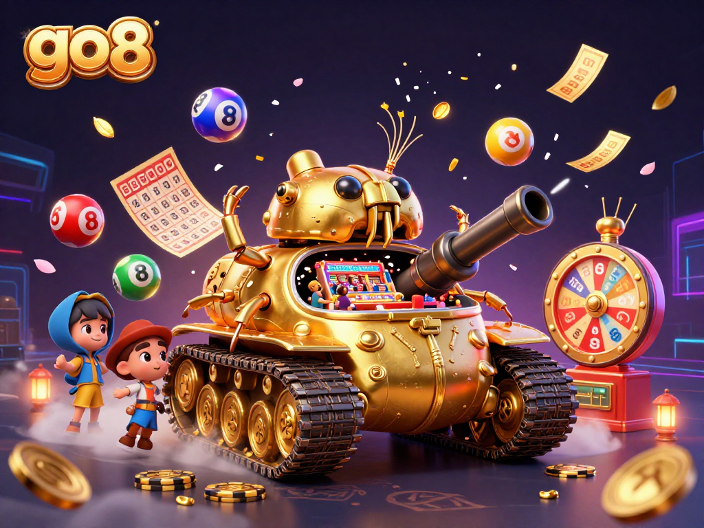 Experience exciting wins at go8 with a dynamic scene of a golden beetle tank casino bursting with fun.
