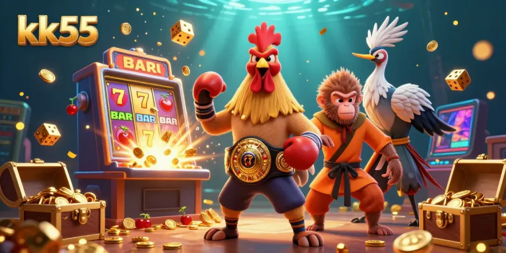 Engage with the vibrant kk55 casino scene featuring animated characters, slot jackpots, and festive elements.