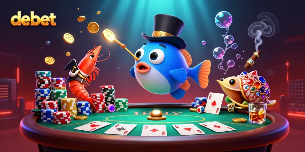 Engage with debet's exciting underwater poker action featuring vibrant characters and casino elements.