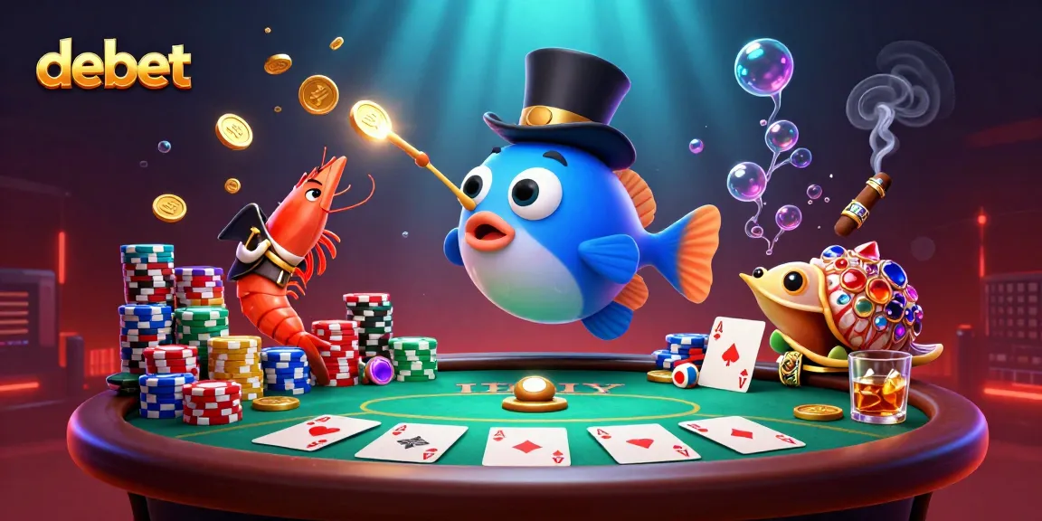 Engage with debet's exciting underwater poker action featuring vibrant characters and casino elements.