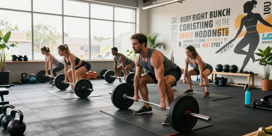 Actieve fitnessomgeving met mensen die trainen in de Unique Pharma Shop, inclusief gewichtheffen en yoga.