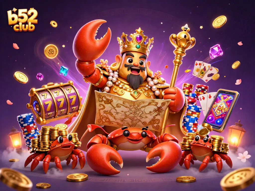 Engage with b52club's vibrant 3D casino scene featuring golden crab emperor and thrilling slot reels.
