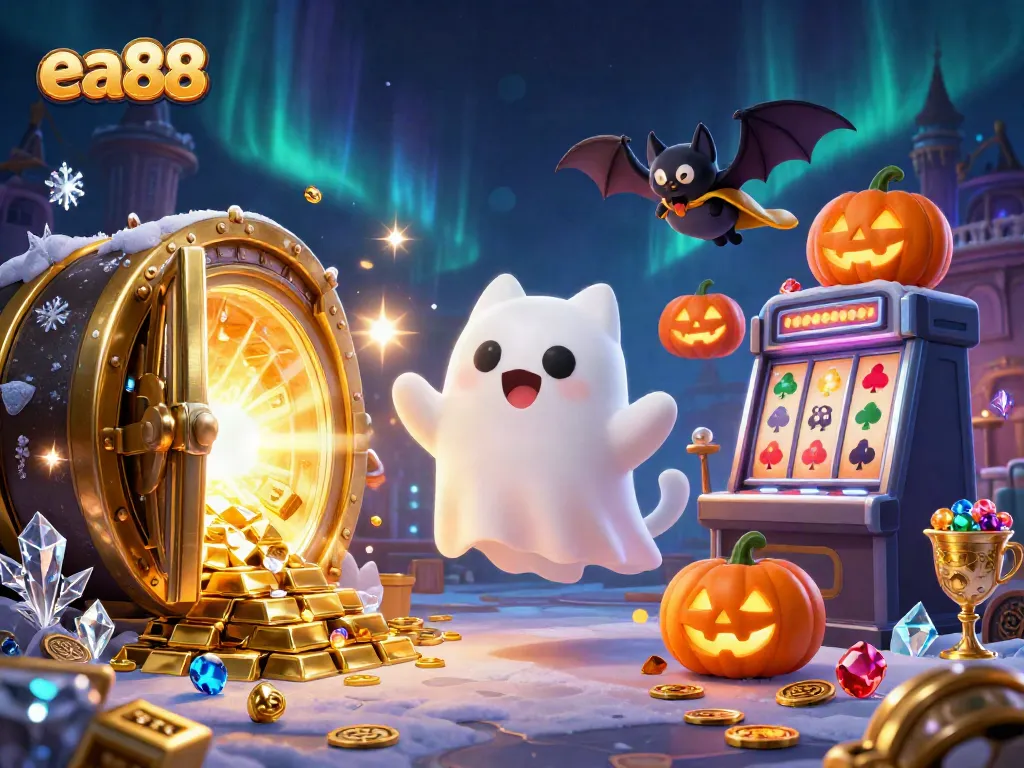 ea88 explores a haunted casino with a ghost cat and vampire bat, amidst treasures and spooky visuals.