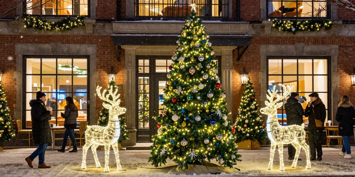 Professional Christmas lighting experience at https://adal-decorations.com/nl/home/ with festive decorations and a giant tree.
