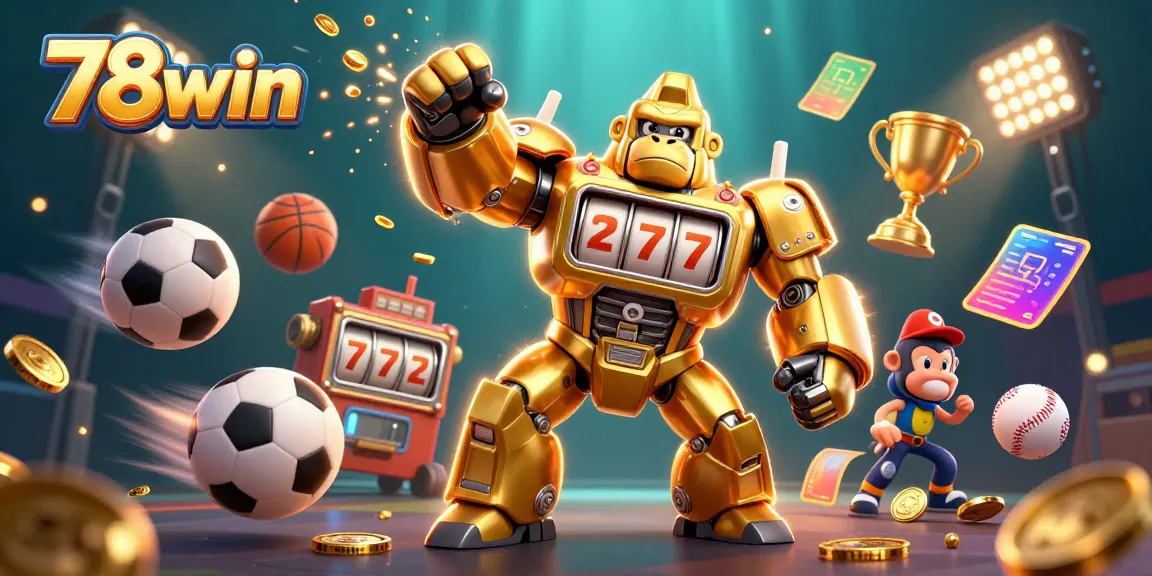 Experience thrilling wins with 78win's golden gorilla mech in an explosive casino scene.