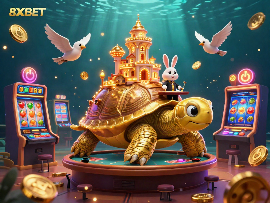 Engage with 8XBET's vibrant casino adventure featuring a golden tortoise and lively game elements.