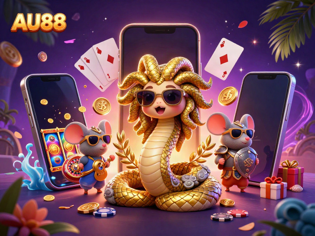 Win big with AU88's vibrant casino scene featuring Medusa, a warrior mouse, and dynamic gaming elements.