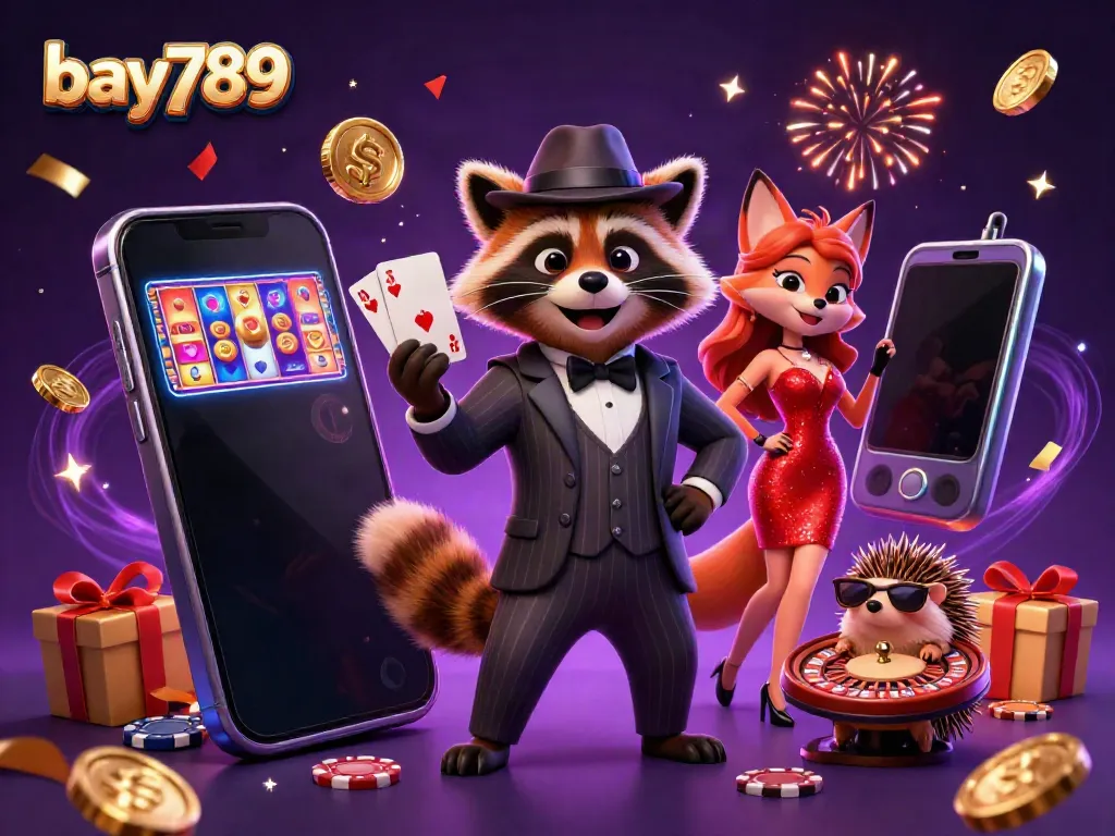 Play at bay789 with exciting games illustrated through a suave raccoon, elegant fox, and hedgehog bouncer.