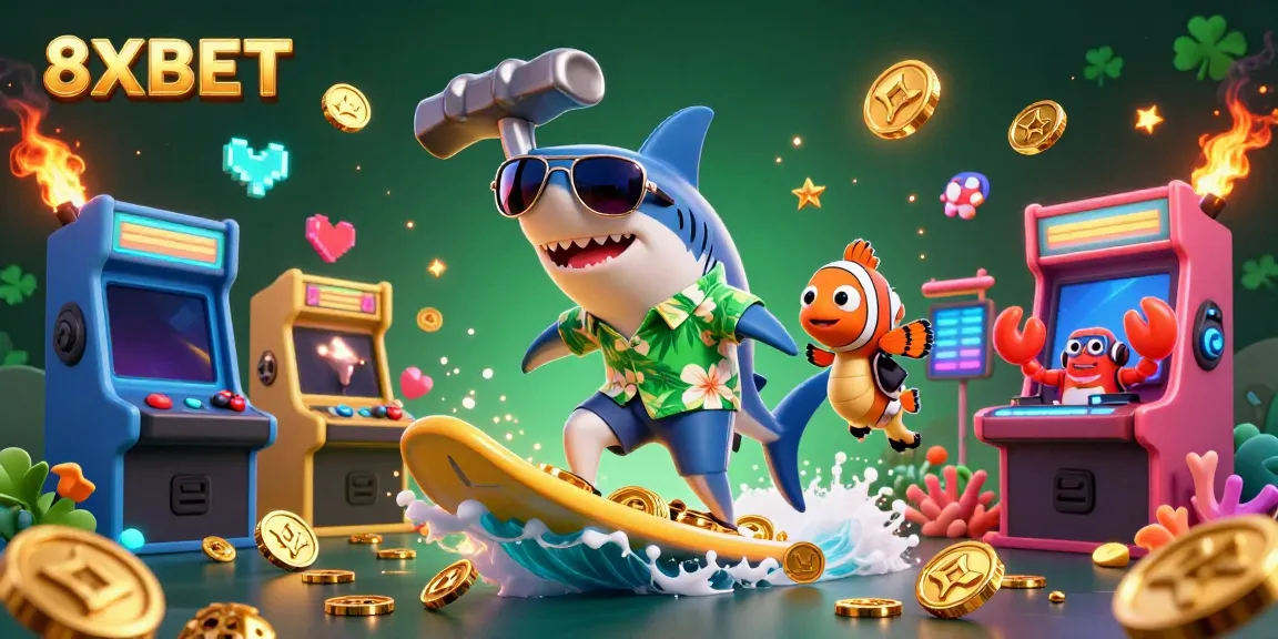 Experience gaming excitement with 8XBET, featuring a shark, clownfish, and crab celebrating with coins.