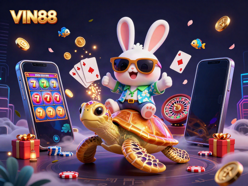 VIN88 features a lucky rabbit and golden turtle amidst vibrant casino elements, embodying excitement and rewards.
