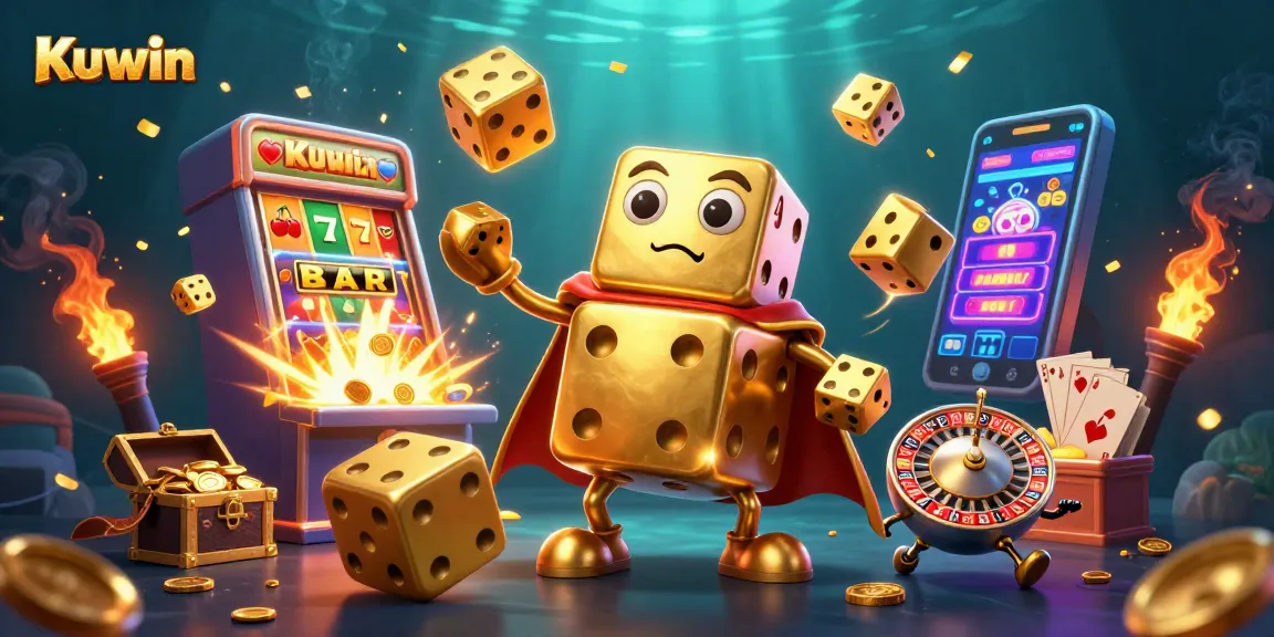 Kuwin showcases a vibrant casino scene with a dynamic golden dice character amidst exploding jackpots and casino symbols.