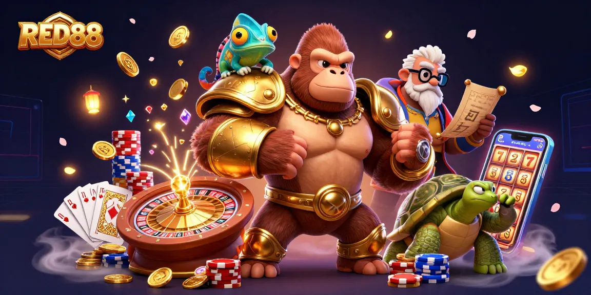Engage with exciting RED88 casino gaming featuring a gorilla in golden armor and a colorful chameleon.