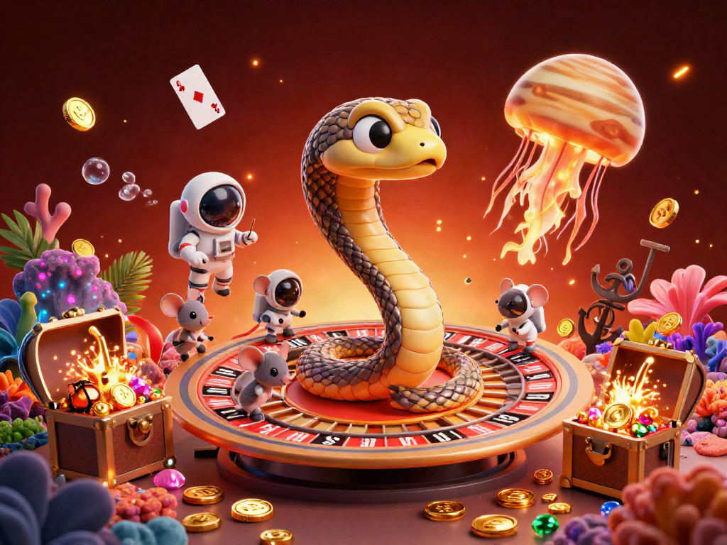 Experience thrilling gameplay at XN88 casino, featuring a whimsical Saturn snake, astro-mice, and cosmic dealer.