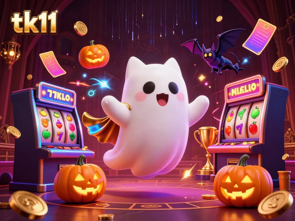 Experience the excitement of tk11 with a ghost cat, vampire bat, and glowing jack-o-lanterns in a haunted casino scene.
