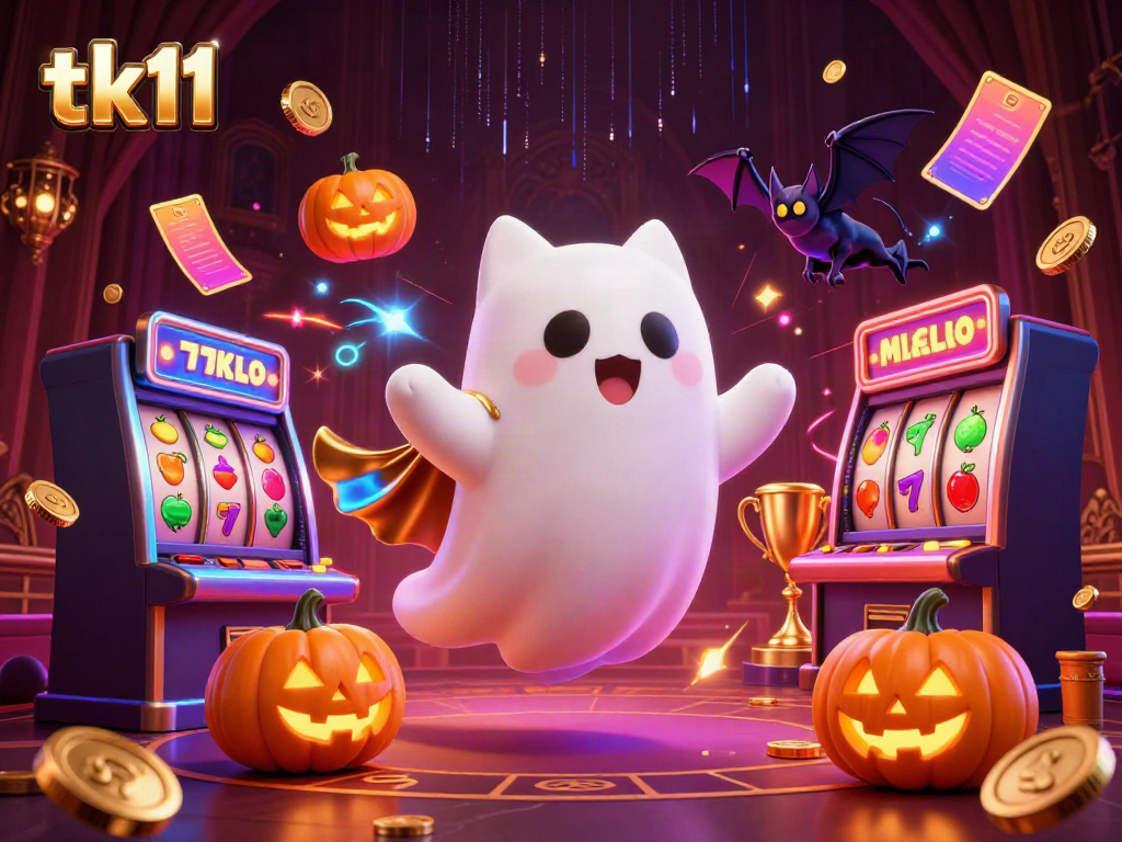 Experience the excitement of tk11 with a ghost cat, vampire bat, and glowing jack-o-lanterns in a haunted casino scene.