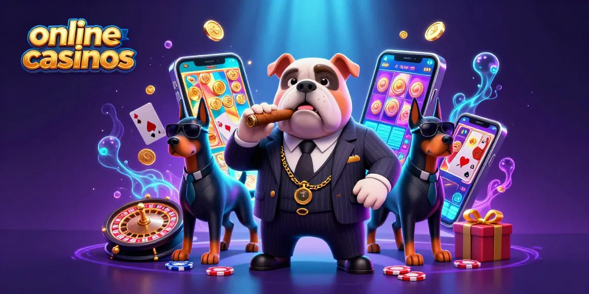 Engage with exciting online casinos as depicted by a mafia boss bulldog overseeing vibrant slots and game elements.