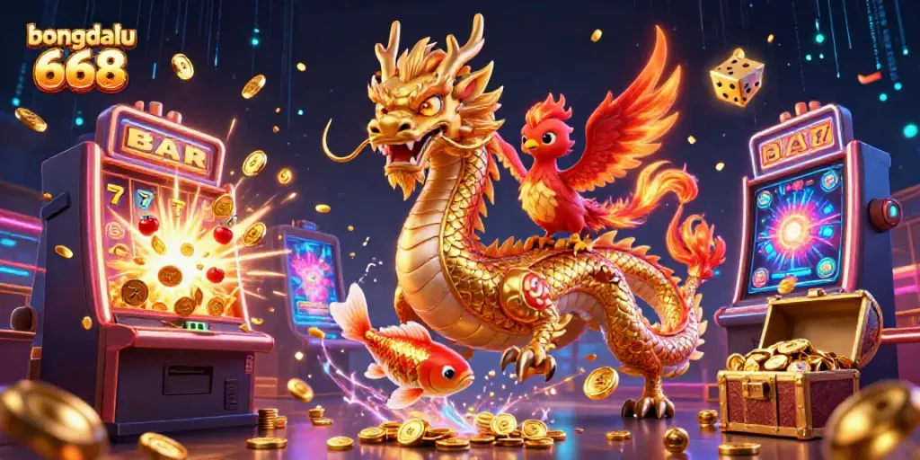 Bongdalu 668 brings to life a dynamic casino scene with a golden dragon, phoenix, and koi fish amidst a jackpot explosion of coins.