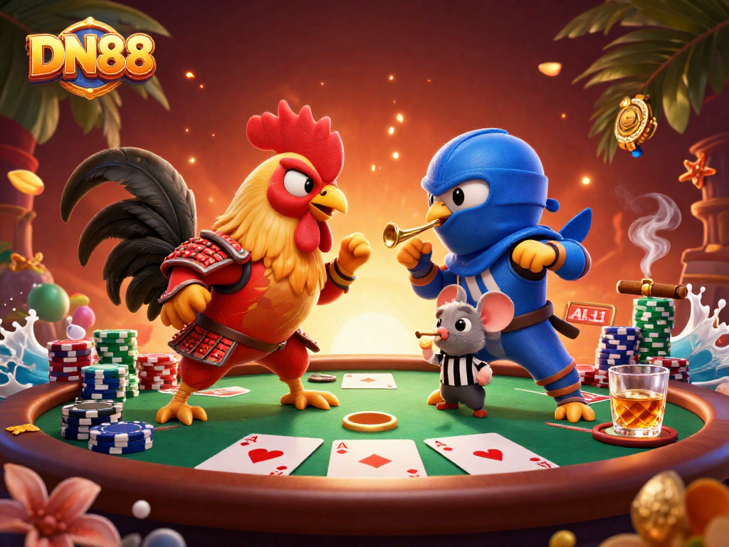 Experience thrilling gameplay at DN88 with vibrant 3D roosters and poker elements in this dynamic casino scene.