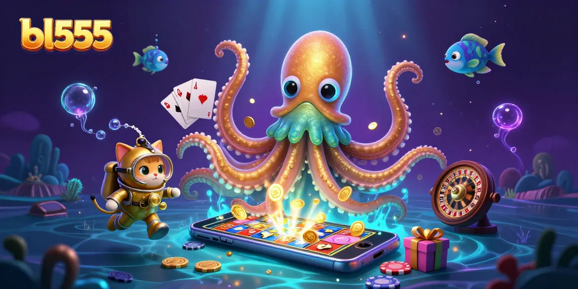 Win big at bl555 with spectacular ocean-themed 3D illustration of a kraken, diving cat, and casino elements.