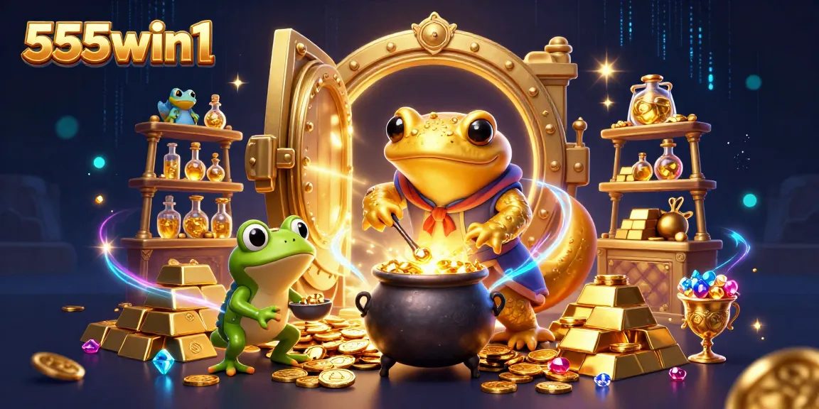 Engage in exciting betting with 555win1 as a golden alchemist turns metals into coins in a vibrant casino scene.