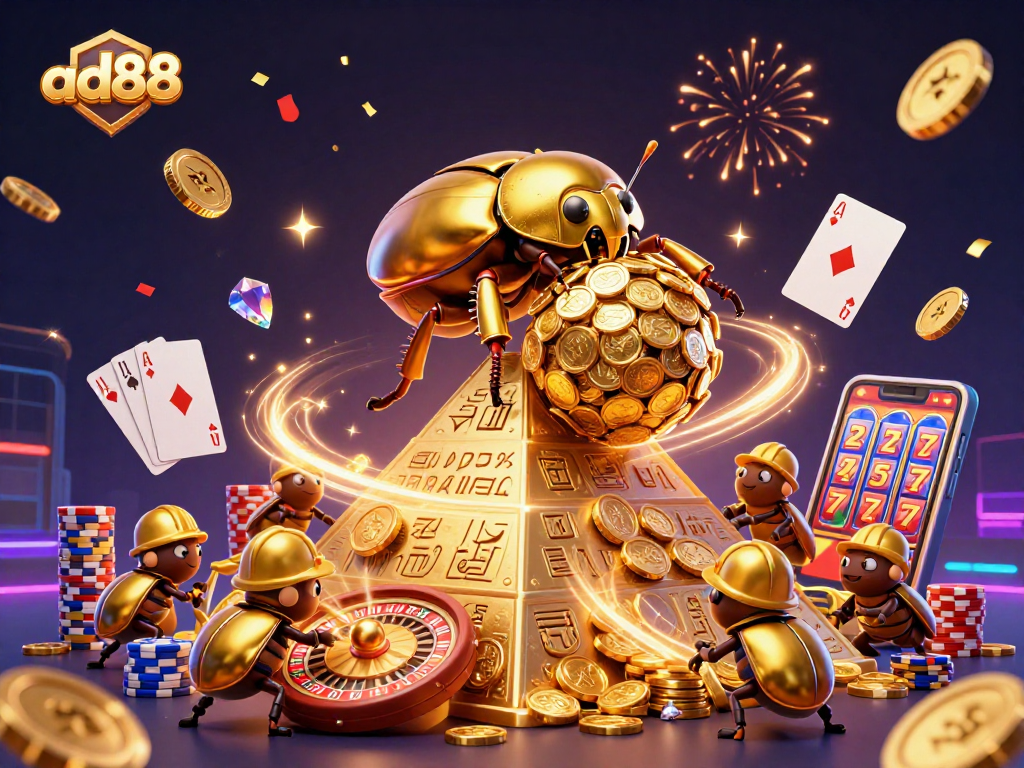 Experience thrilling gameplay with ad88's golden beetles rolling jackpot coins in an exciting casino scene.