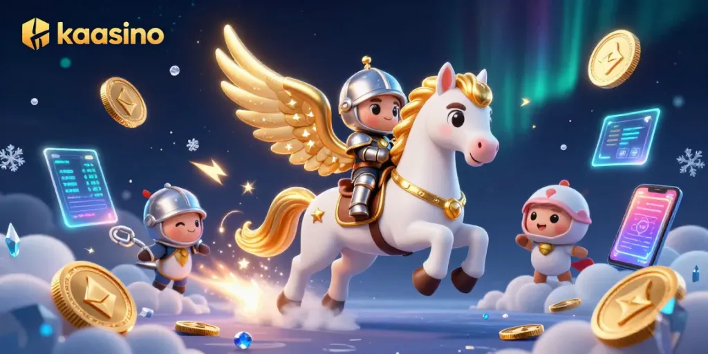Experience the magic of kaasino with exciting gameplay, dazzling coins, and interactive crypto elements in a vibrant casino scene.