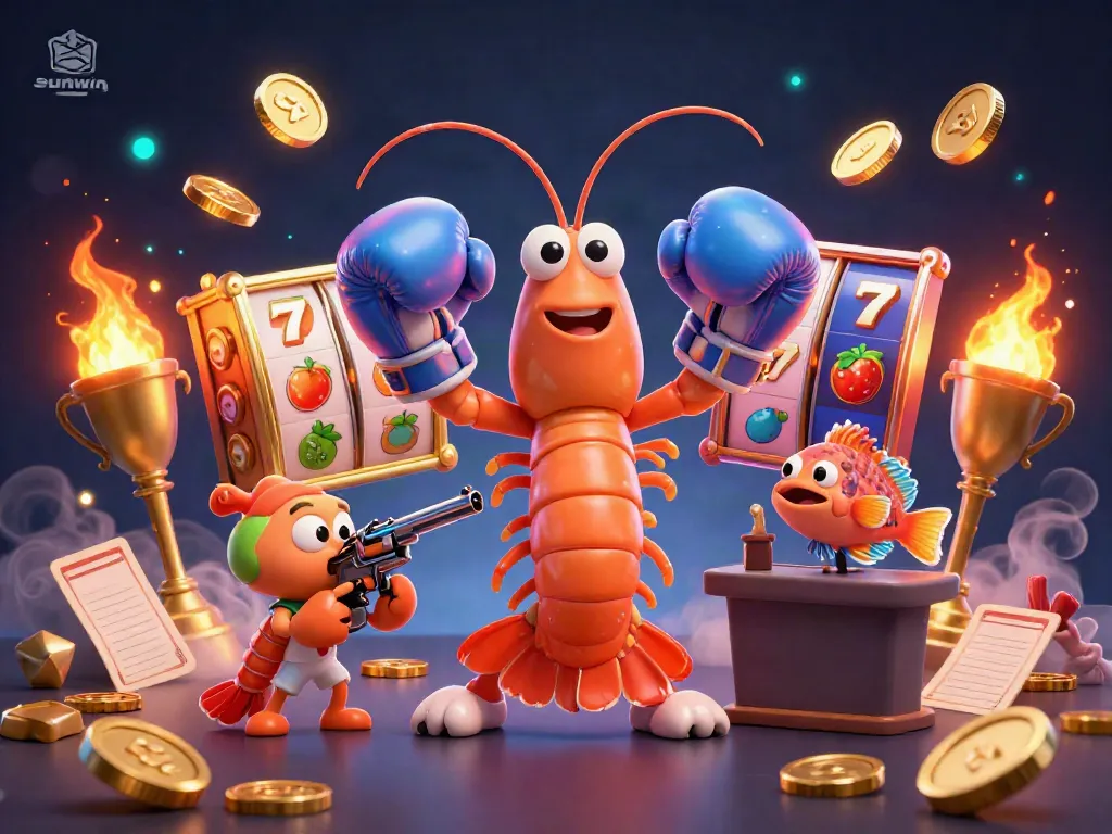 Experience thrilling jackpots at sunwin with vibrant slot reels, golden trophies, and lively characters.
